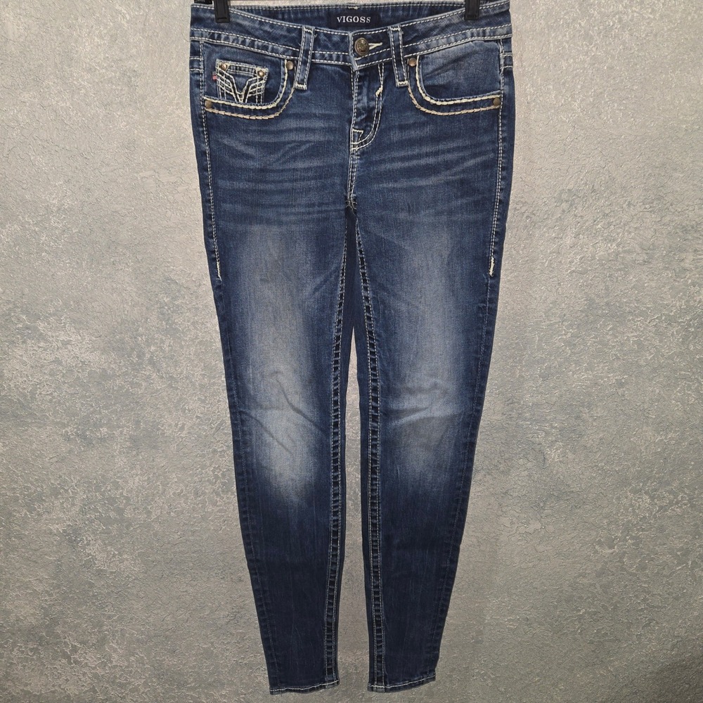 Vigoss Heritage Fit Skinny Jeans Womens 4 30 Medium Wash Embellished Studded